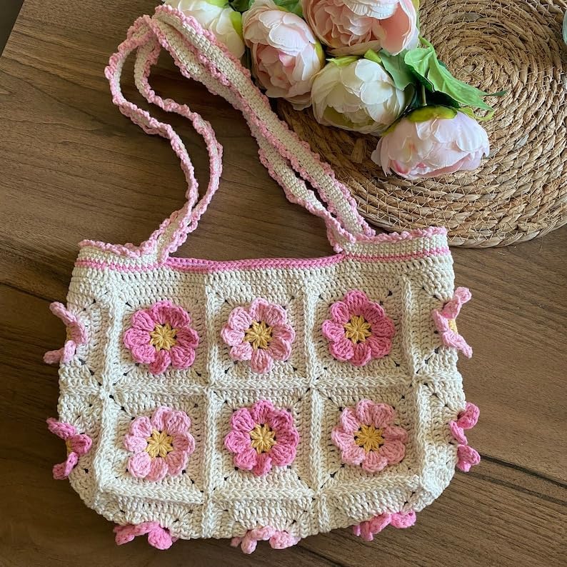 Velmora Crochet Sunflower Tote Bag – Handmade Cotton Boho Shoulder Bag for Women