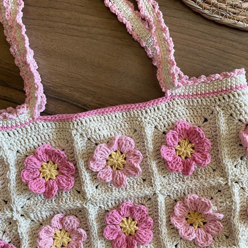 Velmora Crochet Sunflower Tote Bag – Handmade Cotton Boho Shoulder Bag for Women